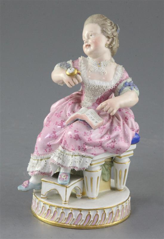 A Meissen figure of a girl seated on a chair, late 19th century, after Acier, height 13.7cm
